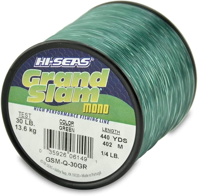 HI-SEAS Grand Slam Monofilament Fishing Line - Strong & Abrasion Resistant in Clear, Pink, Green, Smoke Blue, Fluorescent Yellow Freshwater & Saltwater – Quarter Pound Spool
