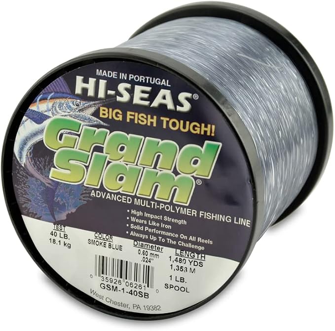 HI-SEAS Grand Slam Monofilament Fishing Line - Strong & Abrasion Resistant in Clear, Pink, Green, Smoke Blue, Fluorescent Yellow Freshwater & Saltwater - 1 lb Spool