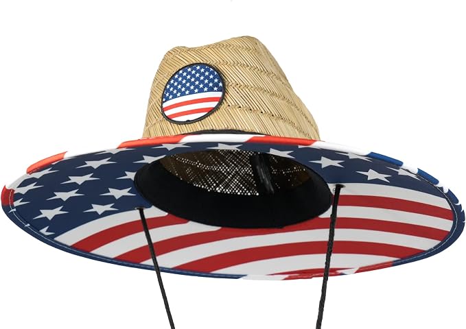 grinderPUNCH Lifeguard Hat Mens Straw Sun Hat for Outdoor American Flag USA Patriotic Straw Beach Fishing Straw Hat for Men