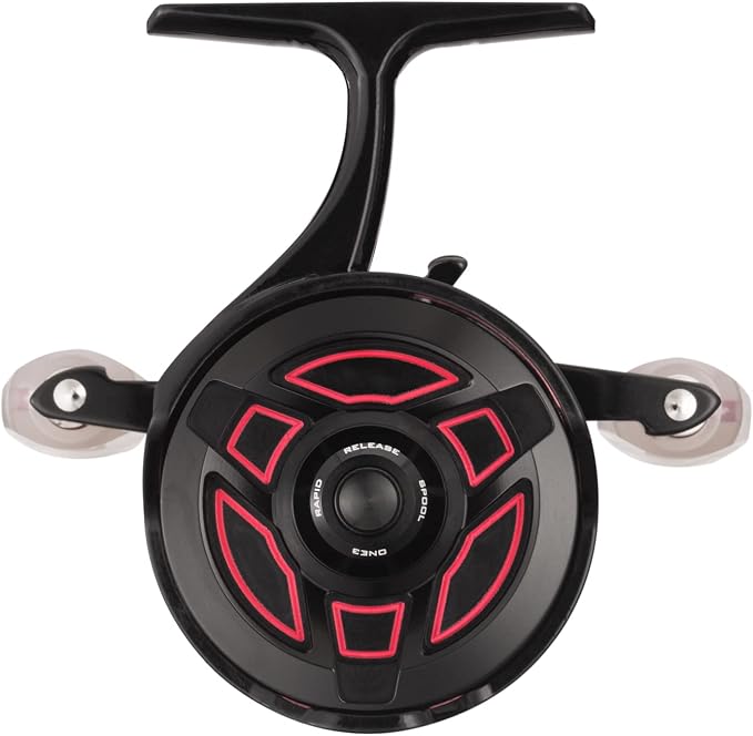 13 Fishing - Descent Aluminum - Inline Ice Fishing Reel - 2.7:1 Gear Ratio - Left Hand Retrieve (Aluminum Spool Gen 2 Design) - D2AL-2.7-LH, Black/Red