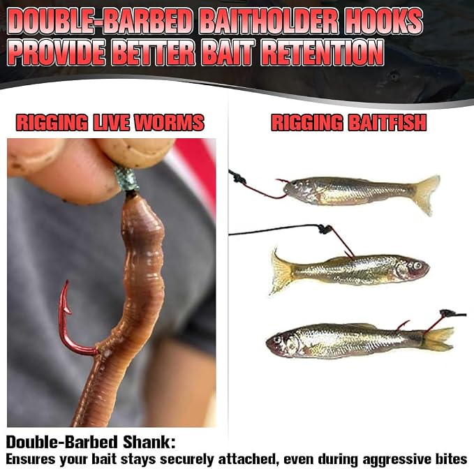 Baitholder Fishing Hooks 100 Pack - Double-Barbed Long Shank for Bluegill Bass Trout Walleye Black/Red, 8/0-#8