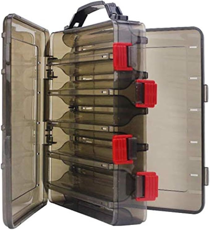 Double-Sided Fishing Lure Hook Tackle Box Visible Hard Plastic Clear Fishing Lure Bait Squid Jig Minnows Hooks Accessory Storage Case Container (Brown-10 Slots)