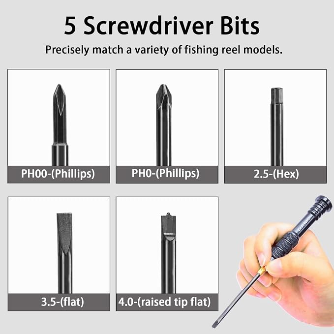 Fishing Reel Repair Tools Kit, S2 Steel Screwdriver Set with Magnetic Tips for Reel and Rod Repair, Includes Flat, Raised Flat, Phillips & Hex Tips