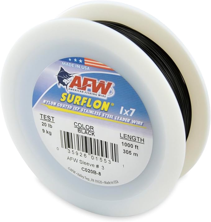 American Fishing Wire Surflon Nylon Coated 1x7 Stainless Steel Wire Leader - Wire Fishing Leader Line for Saltwater 10lb Up To 250lb Test in Bright, Black, Camo in 30ft, 100ft, 300ft, & 1000ft Lengths