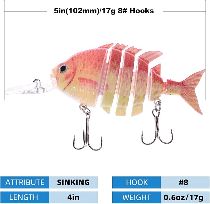 Bass Fishing Lures, Jointed Swimbait Glide Bait for Bass, Trout & Pike – Lifelike Fishing Lure with 3D Eyes, Built-in Rattle Chamber, Triple Hook – Realistic Fishing Lures for Freshwater & Saltwater