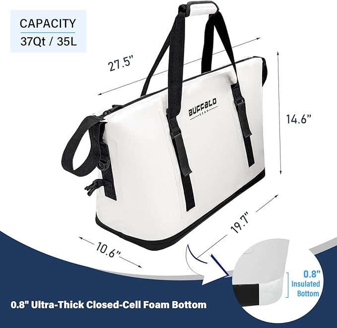 Buffalo Gear Fish Cooler Bag – 37Qt Seamless Insulation Fish Kill Bag, Keeps Ice Cold Up to 36 Hours, Foldable & Waterproof with Rod Attachment Straps & Gear Loops, White