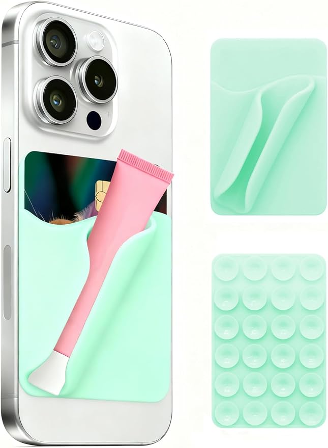 Silicone Suction Phone Case, Featuring A Card Slot, A Self-Adhesive Lip Gloss Holder Detachable Mount, Compatible with Most Smartphones(Green)