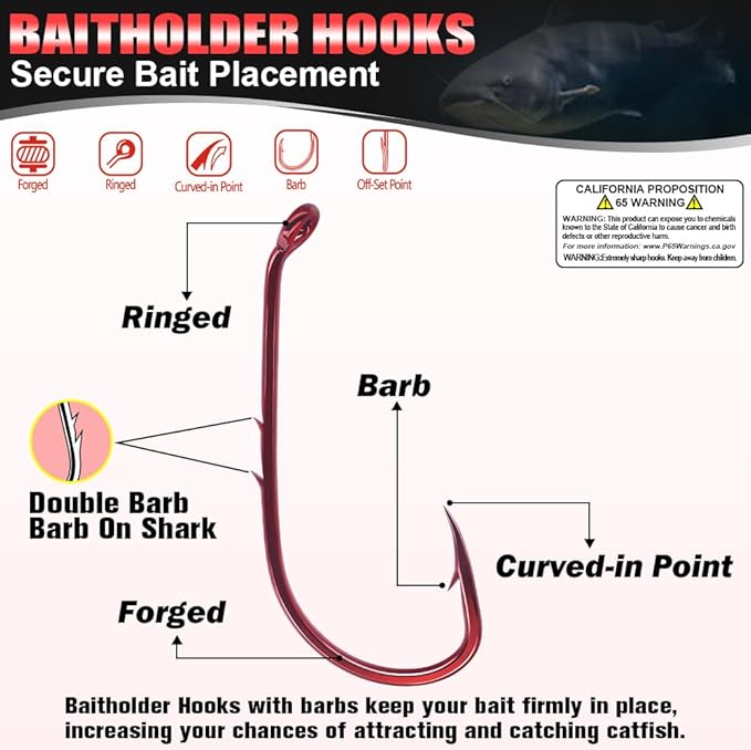 Baitholder Fishing Hooks 100 Pack - Double-Barbed Long Shank for Bluegill Bass Trout Walleye Black/Red, 8/0-#8