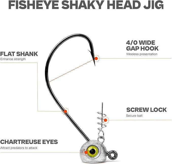 Shaky Head Jigs, Fisheye Stand-up Style Weedless Fishing Jig Heads for Bass (15-Pack) 1/8 3/16 1/4 5/16oz
