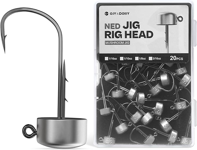 Ned Rig Jig Heads, 20 Pack Finesse Mushroom Jig Hooks Kit for Bass Fishing 1/16 3/32 1/8 3/16oz