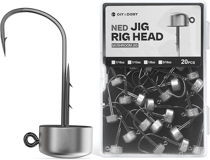 Ned Rig Jig Heads, 20 Pack Finesse Mushroom Jig Hooks Kit for Bass Fishing 1/16 3/32 1/8 3/16oz