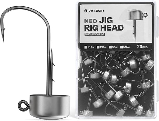 Ned Rig Jig Heads, 20 Pack Finesse Mushroom Jig Hooks Kit for Bass Fishing 1/16 3/32 1/8 3/16oz