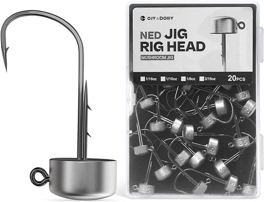 Ned Rig Jig Heads, 20 Pack Finesse Mushroom Jig Hooks Kit for Bass Fishing 1/16 3/32 1/8 3/16oz