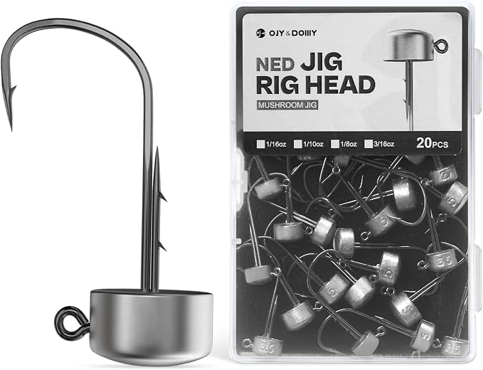 Ned Rig Jig Heads, 20 Pack Finesse Mushroom Jig Hooks Kit for Bass Fishing 1/16 3/32 1/8 3/16oz
