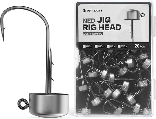 Ned Rig Jig Heads, 20 Pack Finesse Mushroom Jig Hooks Kit for Bass Fishing 1/16 3/32 1/8 3/16oz