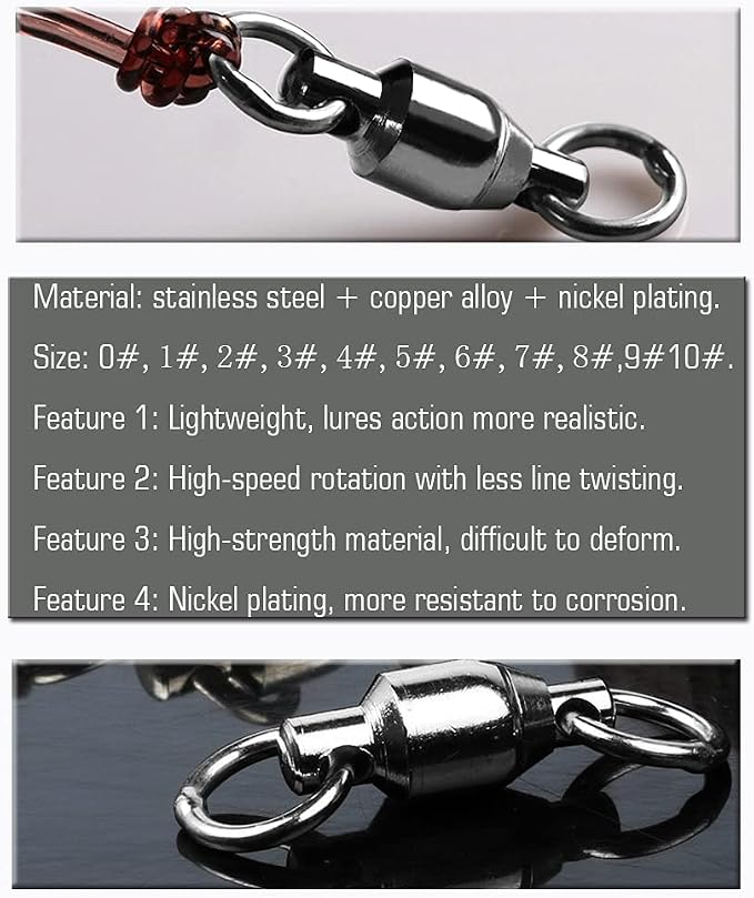 AMYSPORTS Barrel Ball Bearing Swivel Saltwater Rolling Fishing Swivels Stainless Steel High Strength Connector Bearings Solid Welded Rings Black Nickel