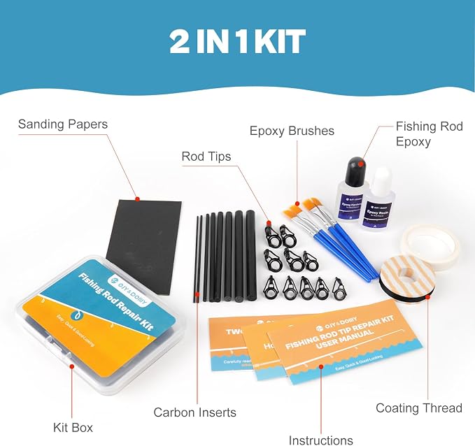 OJYDOIIIY 3-in-1 Fishing Rod Repair Kit - Carbon Sticks/Rod Tips/Eyelets Replacement Parts, Complete Supplies and Instructions
