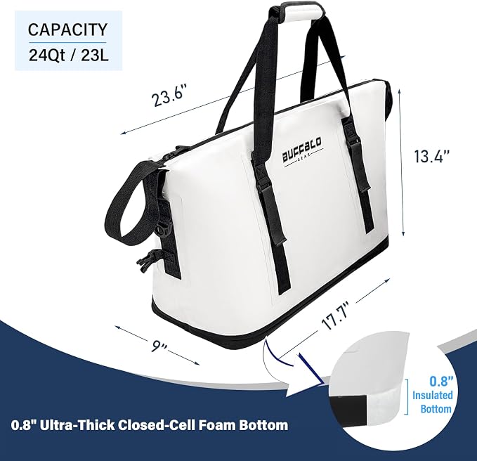 Buffalo Gear Fish Cooler Bag – 24Qt Seamless Insulation Kill Bag, Keeps Ice Cold Up to 36 Hours, Foldable & Waterproof with Rod Attachment Straps & Gear Loops, White
