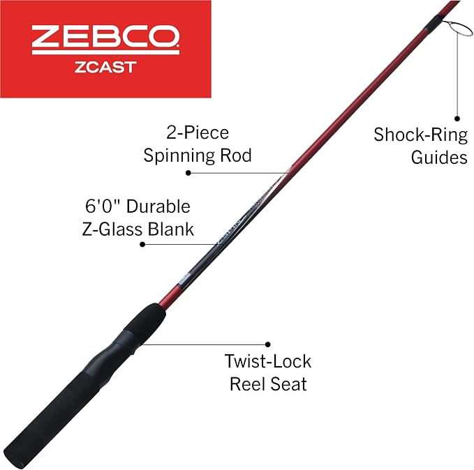Zebco Z-Cast Spinning Fishing Rod Durable Z-Glass Fishing Pole, Comfortable EVA Rod Handle, Shock-Ring Guides, Medium Power
