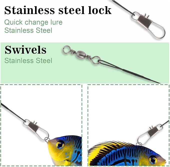 Giantree 50 Pcs Fishing Leaders, Stainless Steel Fishing Leaders with snap and Swivel, Anti-bite Stainless Steel Wire Leaders Fishing Leader Line for Fishing Rigs Saltwater and Freshwater