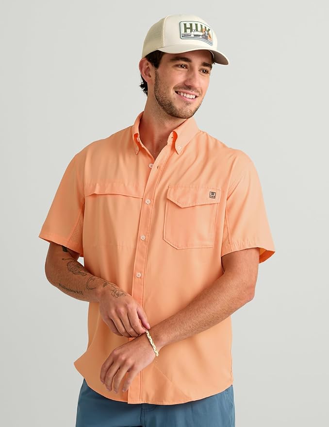 HUK Men's Tide Point Kc Scott Original Artwork Short Sleeve Shirt, Fishing Button Down