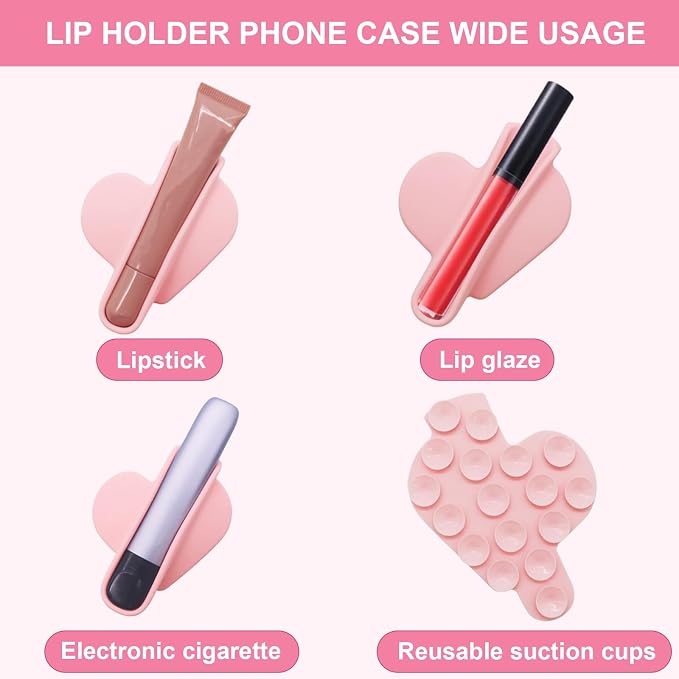 Heart Shape Suction Cup Phone Case Lip Gloss Holder,Lip Gloss Holder Can be Repeatedly Disassembled and Assembled for Most Phone Models(Pink)