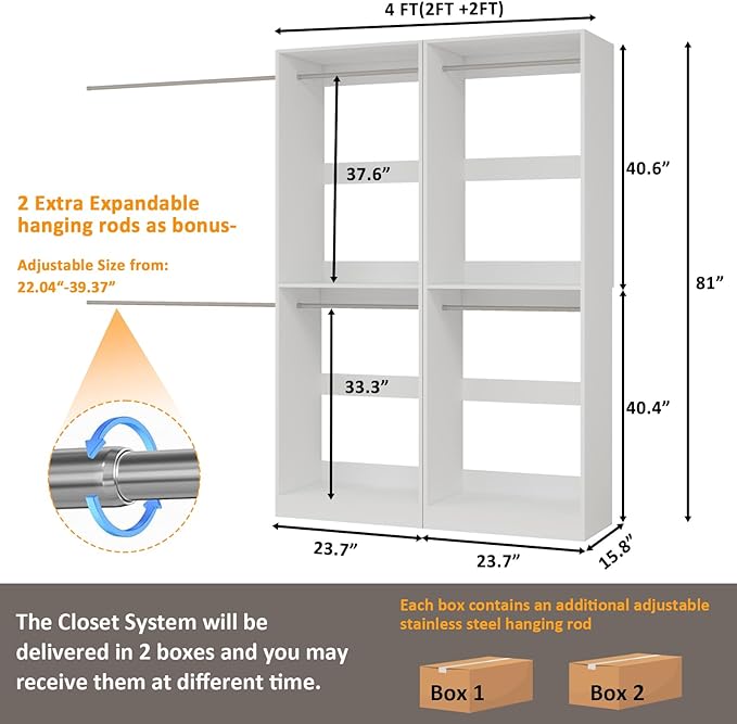 Closet System, 4FT Wood Closet Storage Organizer System with 6 Hanging Rods, 81" Tall Modular Closet System,Standalone Walk In Closet System,Set of 2, White