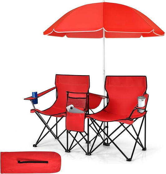 Tangkula Double Camping Chairs with Umbrella, Portable 2 Seat Folding Camp Chair with Cooler Bag, Beverage Holder, Carrying Bag, Foldable Lawn Chair for Outside, Fishing, Picnic, Beach