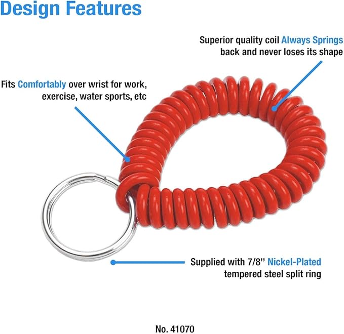 Lucky Line 2” Spiral Wrist Coil with Steel Key Ring, Flexible Wrist Band Key Chain Bracelet, Stretches To 12”, Red, 5 Pack (4107005)