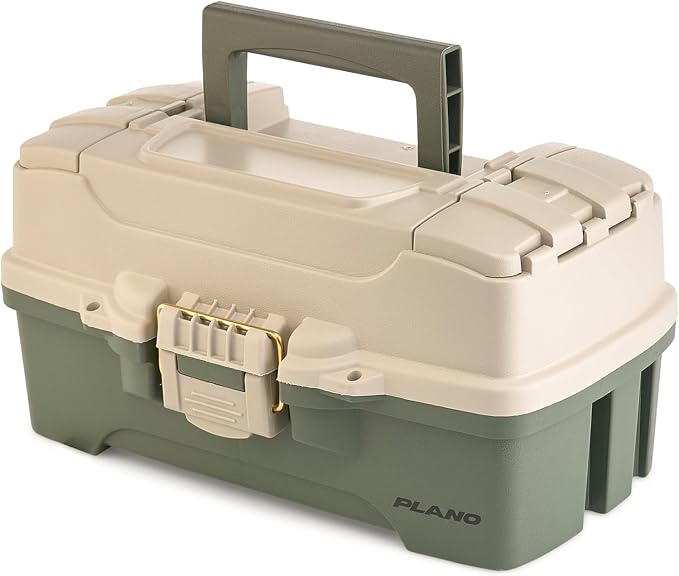 Plano One-Tray Tackle Box, Green/Tan, Rust-Proof Brass Latch, Top-Access Tray with Deep Storage, Made in the USA, Portable Fishing Gear Storage Organizer