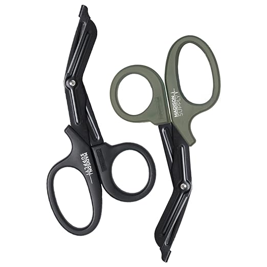 Madison Supply Trauma Shears - 7.5 Inch Green Medical Shears with Quality Stainless Steel, Non-Stick Fluoride-Coated Blades, High-Impact Handles - 2 Pack EMT Nurse Scissors (Black/Green)