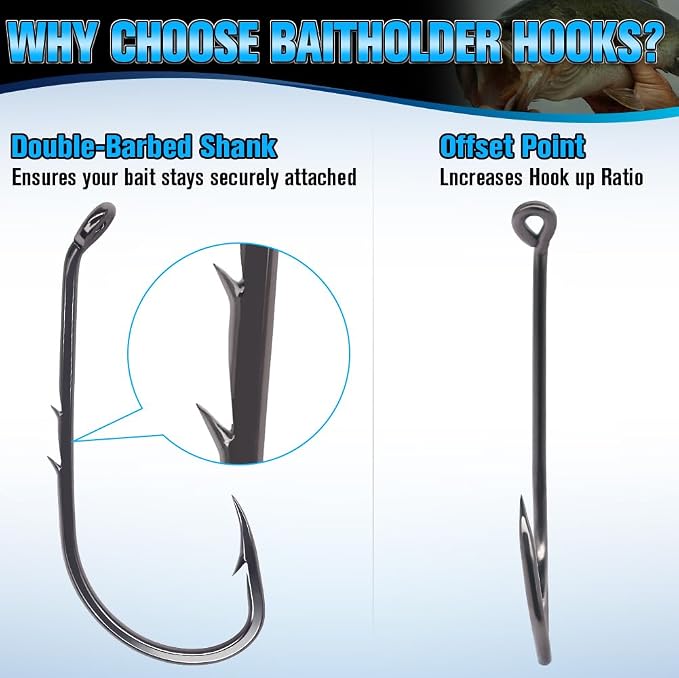Baitholder Fishing Hooks 100 Pack - Double-Barbed Long Shank for Bluegill Bass Trout Walleye Black/Red, 8/0-#8