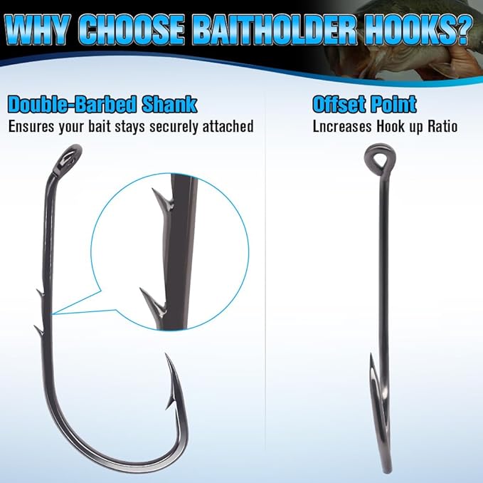 Baitholder Fishing Hooks 100 Pack - Double-Barbed Long Shank for Bluegill Bass Trout Walleye Black/Red, 8/0-#8