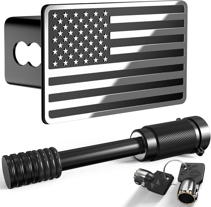 Heavy American Flag Metal Trailer Hitch Covers for 2 inch Receivers,Tow Hitch Covers 2 Inch for Truck Accessories (with 5/8-Inch Pin Diameter Trailer Hitch Lock,Chrome Line)