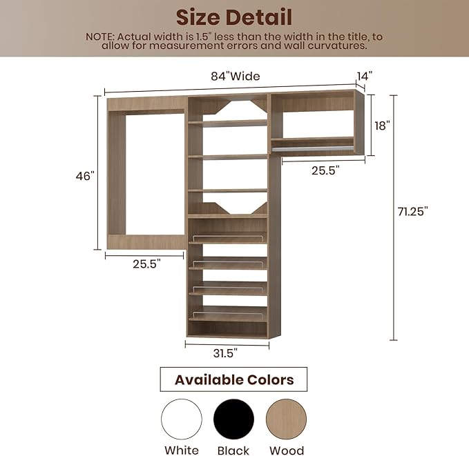 ROOMTEC Modular Closet System, 84" Wall Mounted Modern Closet Organizer with Hanging Rods and Shoe Shelf, Wooden Tower for Walk-In Closets, Wardrobe Storage Kit, Wood