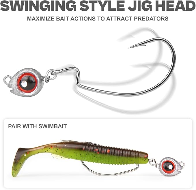 15-Sets Detachable Fish Head Swimbait Jig Heads - Weedless EWG Hooks Kit for Fishing (15 Fish Eye Weights + 15 Hooks)