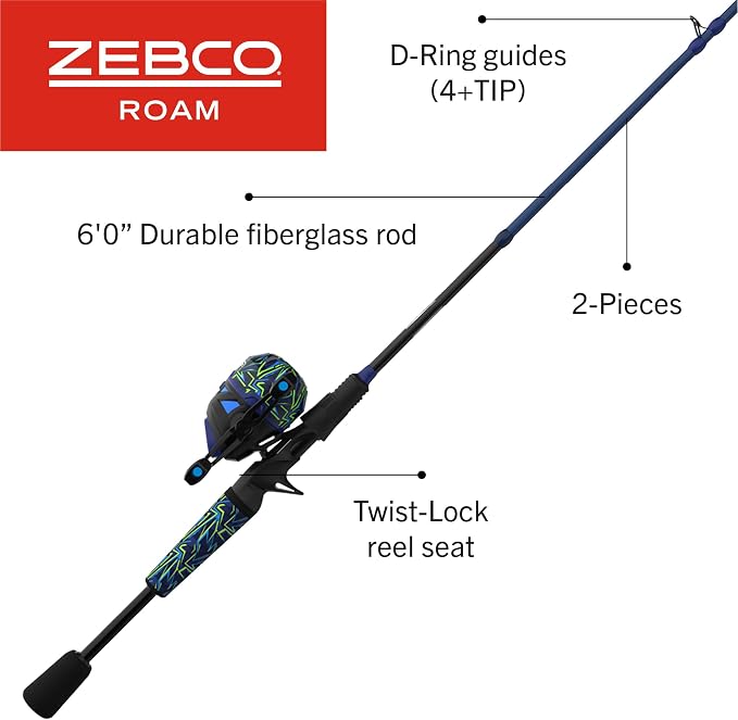 Zebco Roam Spincast Reel and Fishing Rod Combo, 6-Foot 2-Piece Fiberglass Fishing Pole with ComfortGrip Handle, Quickset Anti-Reverse Fishing Reel, Pre-Spooled with 10-Pound Zebco Line