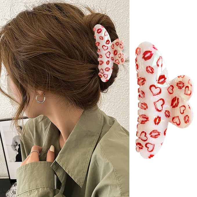 Heart Hair Claw Clips for Thick or Thin Hair, 1 Pack Red Heart Lips Pattern Hair Clips Valentine's Hair Accessories Large Acrylic Heart Shape Jaw Clips Strong Hold Clamp Clips for Women