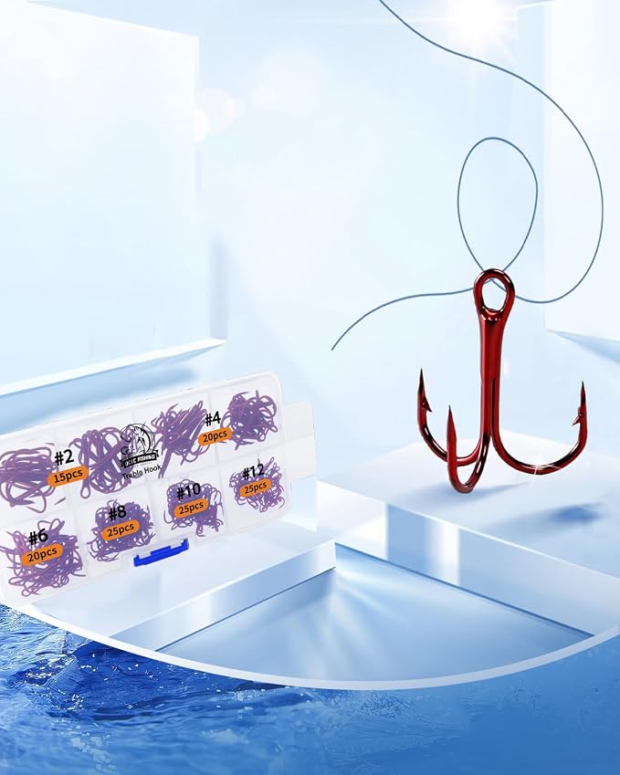 UCEC Fishing Hooks Treble Hooks Kit for Saltwater Freshwater, High Carbon Steel Strong Sharp Round Bend for Catfish Trout Hard Baits Lures, Size #1#2#4#6#8#10#12#14 110/50/210 Pack with Split Rings