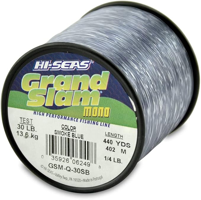 HI-SEAS Grand Slam Monofilament Fishing Line - Strong & Abrasion Resistant in Clear, Pink, Green, Smoke Blue, Fluorescent Yellow Freshwater & Saltwater – Quarter Pound Spool