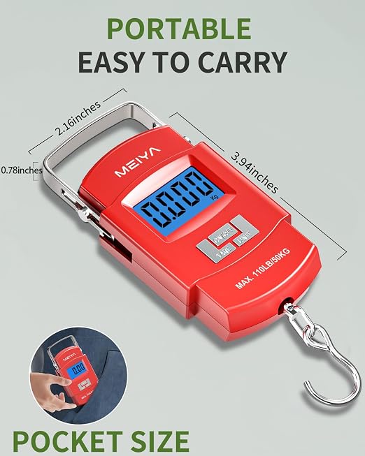 MEIYA Fish Scale 110lb Portable Luggage Scale Travel Digital Hanging Scale with Hook, Fishing Gifts for Men, Weighing Tool for Suitcases & Fish, Includes 2 AAA Batteries, Backlit LCD Display (Red)