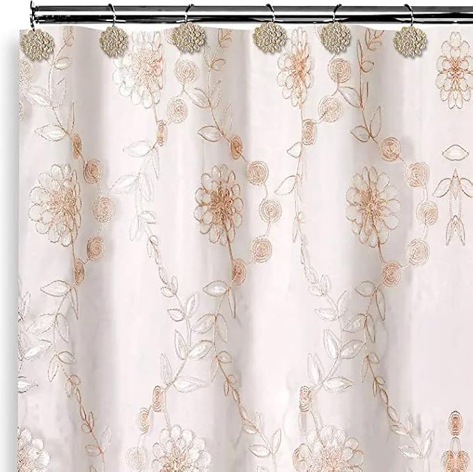 Zahari Home 13pc Rose Vine Bathroom Sheer Shower Curtain Sets Sheer Shower Curtain & 12 Shower Bathroom Hooks Modern Classic Luxury Contemporary Decor Beige Shower Curtain Set