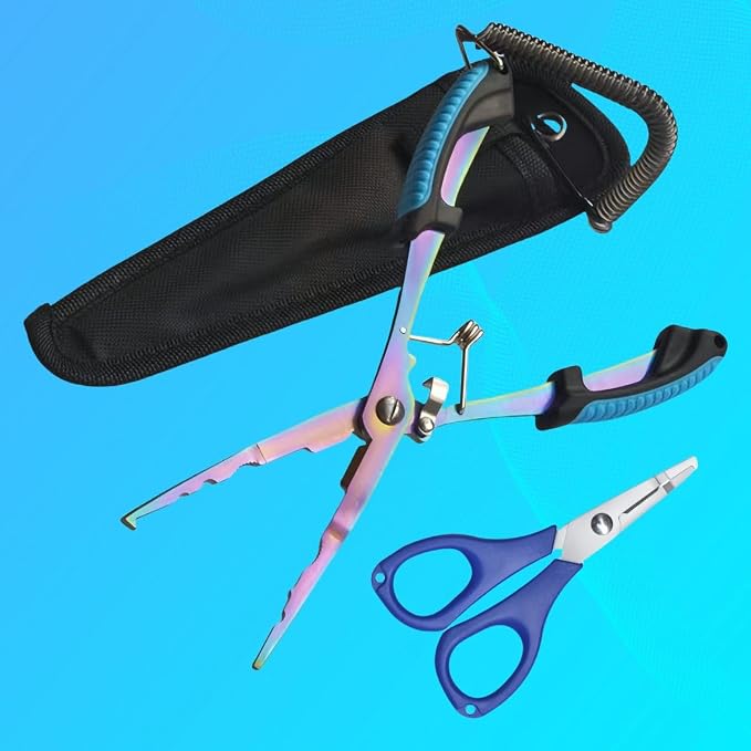 Fishing Needle Nose Pliers, Stainless Steel Fish Pliers and Scissors Set with Sheath Lanyard, Hook Remover Split Ring Tools, Aboda Fishing Gear Fresh & Saltwater Fishing Tool Kit