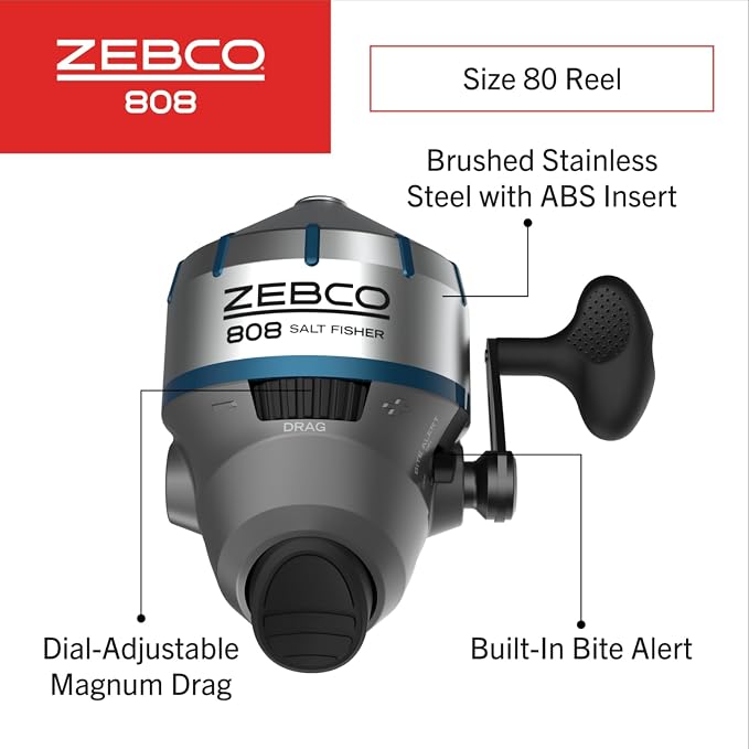 Zebco 808 Saltwater Spincast Reel and Fishing Rod Combo, 7-Foot 2-Piece Fishing Pole, Size 80 Reel, Changeable Right- or Left-Hand Retrieve, Pre-Spooled with 20-Pound Zebco Line, Black