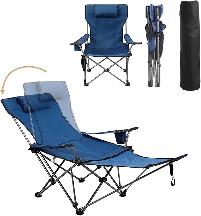 Reclining Folding Camping Chair with Removabel Footrest, Adjustable Folde Camping Chair with Foot Rest, Camp Lounge Outdoor Beach Chair, Oxford Fabric Reclining Design with Pillow Cup Holder, Blue