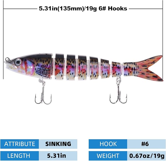 Bass Fishing Lures, Jointed Swimbait Glide Bait for Bass, Trout & Pike – Lifelike Fishing Lure with 3D Eyes, Built-in Rattle Chamber, Triple Hook – Realistic Fishing Lures for Freshwater & Saltwater