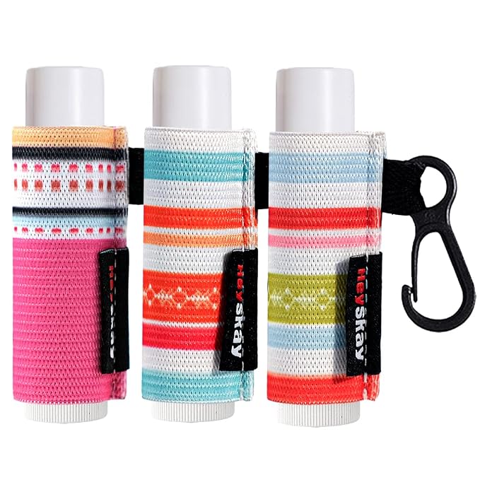 HEYSKAY 3PCS Lip Balm Holder Keychain Lipstick Sleeves Bulk Chapstick Holder Keychain Lip Gloss Holder Chapstick Elastic Sleeves(Strip pattern)