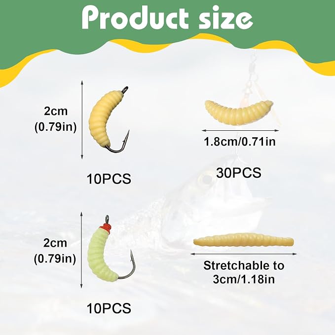 50PCS Bluegill Hooks Fishing Worms – 30PCS 22mm Soft Rubber Worms & 20PCS Maggot Bait for Bass, Panfish, and Trout, Bluegill Lures for Freshwater Fishing with Natural Nlbn Action