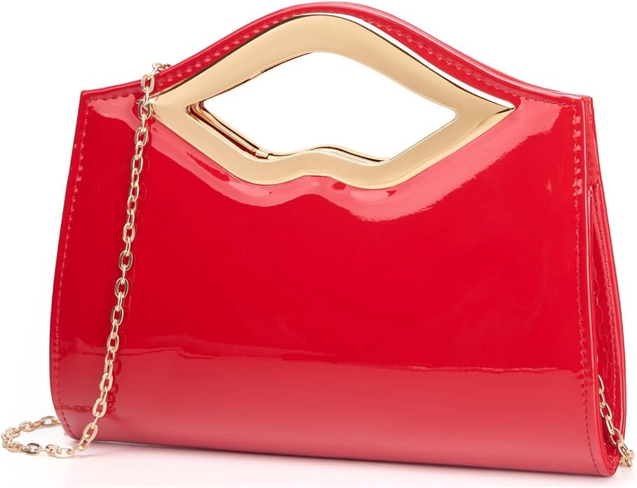 DETARA Patent Leather Evening Clutch Purse for Women Lip Metal Grip Handle Handbag for Cocktail Party Prom