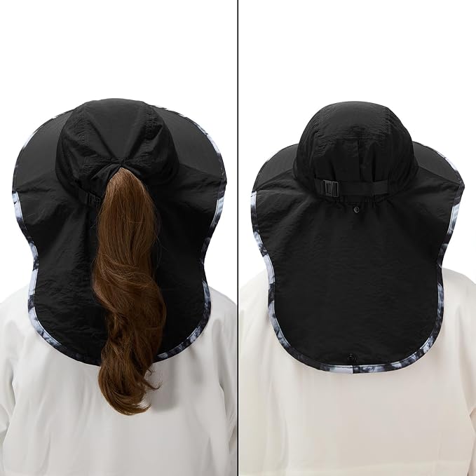 BASSDASH UPF 50+ Unisex Water Resistant Wide Brim Sun Hat with Large Neck Flap Ponytail Fishing Hat for Men Women